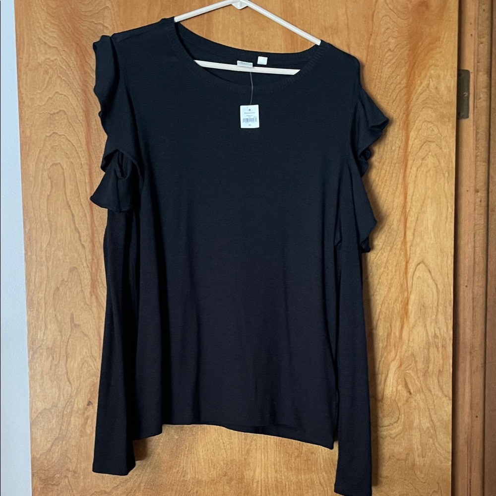 GAP Black Long Sleeve Cold Shoulder Lightweight Sweater Top with Ruffle Details